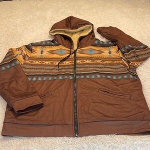 Brown Hooded Jacket with Tribal Pattern AZTEC MENS SIZE XL Sherpa lining